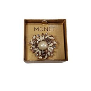 Vintage Monet GT Ivory Enamel Faux Pearl Rhinestone Brooch Pin 2"